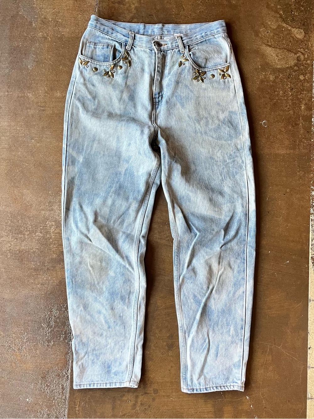 Vintage 80s Boom Boom Embellished Light Acid Wash Tapered Jeans 31x29 31 Disco